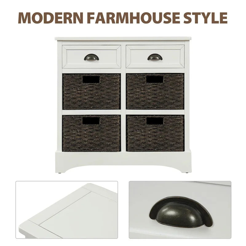 Meuble de rangement rustique avec deux tiroirs et quatre paniers en rotin classiques pour la salle à manger/l'entrée/le salon