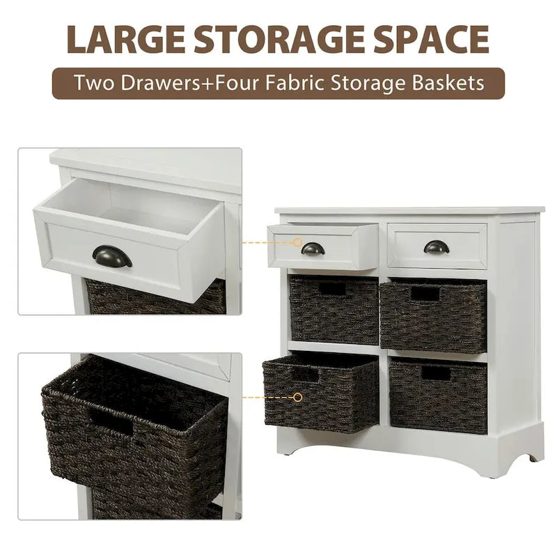 Meuble de rangement rustique avec deux tiroirs et quatre paniers en rotin classiques pour la salle à manger/l'entrée/le salon