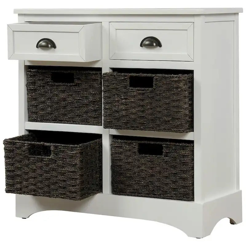 Meuble de rangement rustique avec deux tiroirs et quatre paniers en rotin classiques pour la salle à manger/l'entrée/le salon