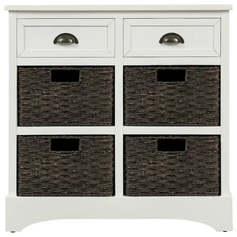 Meuble de rangement rustique avec deux tiroirs et quatre paniers en rotin classiques pour la salle à manger/l'entrée/le salon