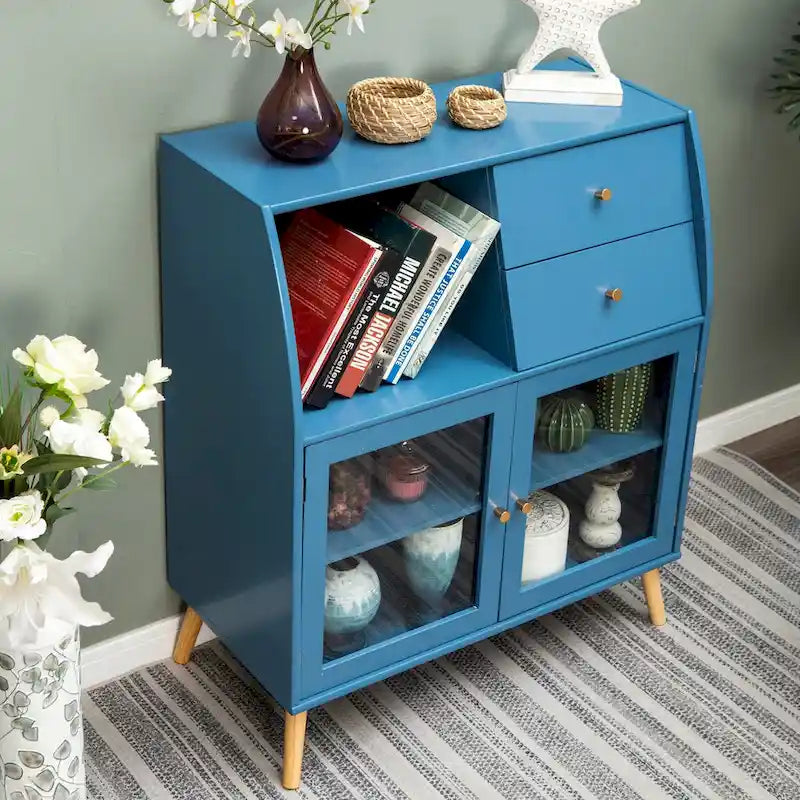 Blue Cabinet with Glass Doors Sideboard