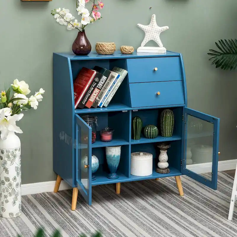 Blue Cabinet with Glass Doors Sideboard
