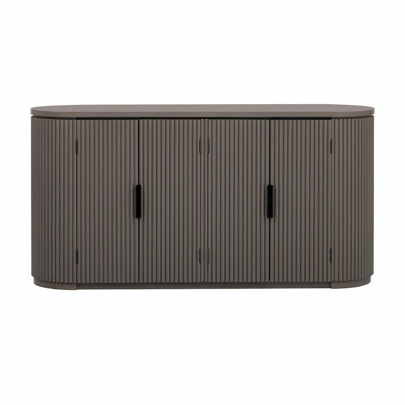 Armoire de rangement à portes rayées verticales avec poignées métalliques, étagères réglables