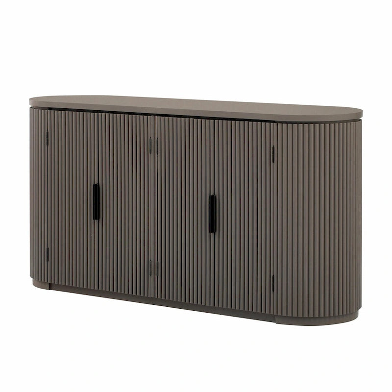Armoire de rangement à portes rayées verticales avec poignées métalliques, étagères réglables