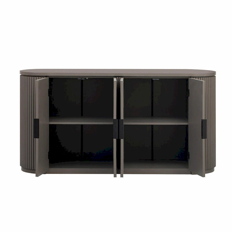 Armoire de rangement à portes rayées verticales avec poignées métalliques, étagères réglables