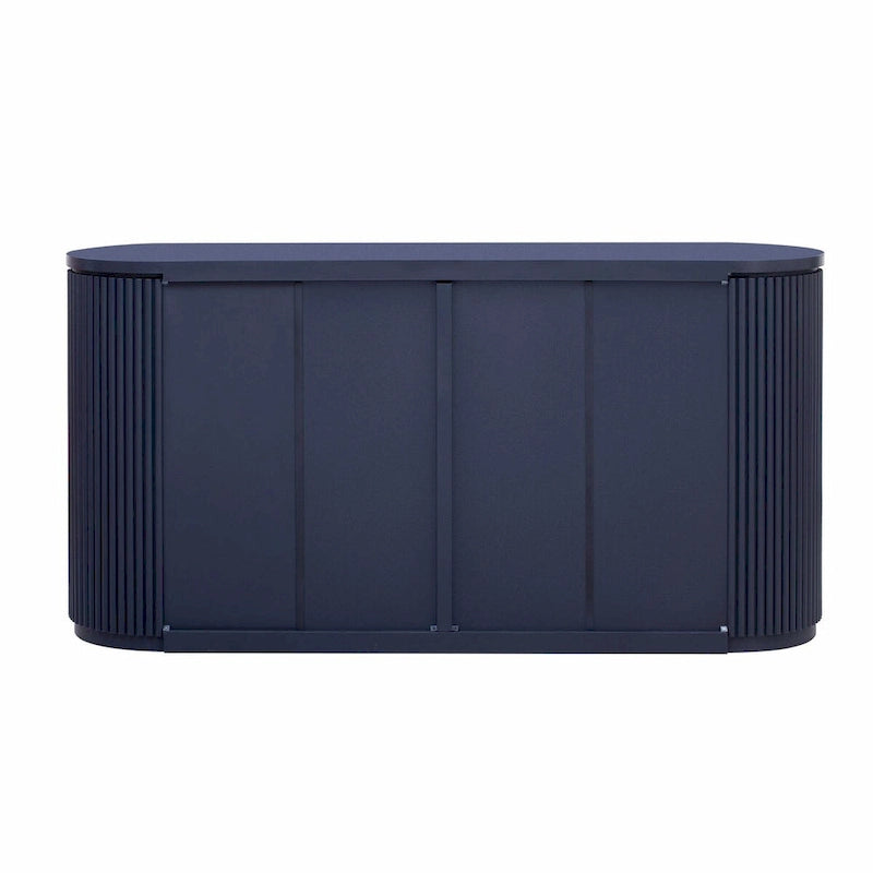 Armoire de rangement à portes rayées verticales avec poignées métalliques, étagères réglables