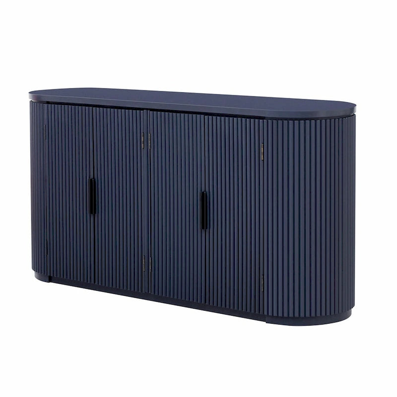 Armoire de rangement à portes rayées verticales avec poignées métalliques, étagères réglables