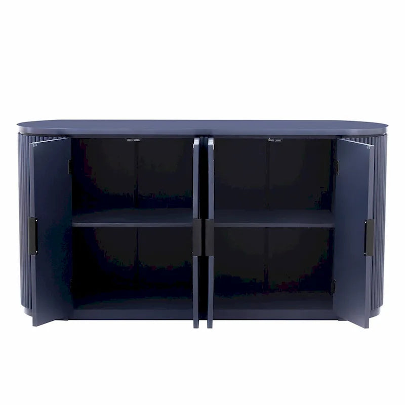 Armoire de rangement à portes rayées verticales avec poignées métalliques, étagères réglables
