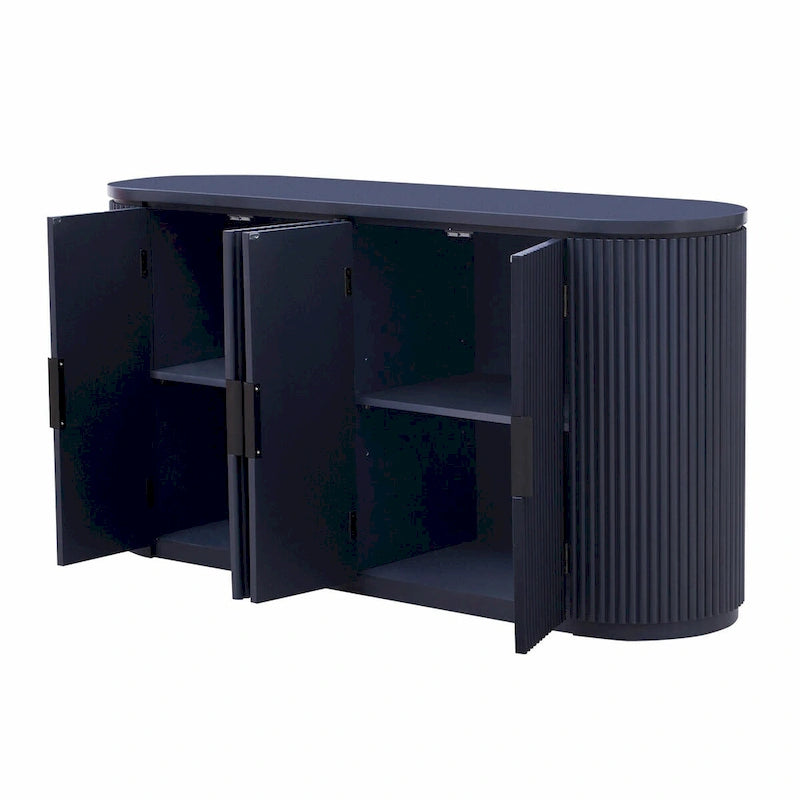 Armoire de rangement à portes rayées verticales avec poignées métalliques, étagères réglables