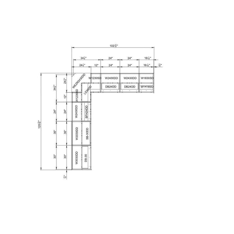 Collection Moderne de Cuisine Blanc Brillant Taille de Base 304x259cm de Large - 102x120