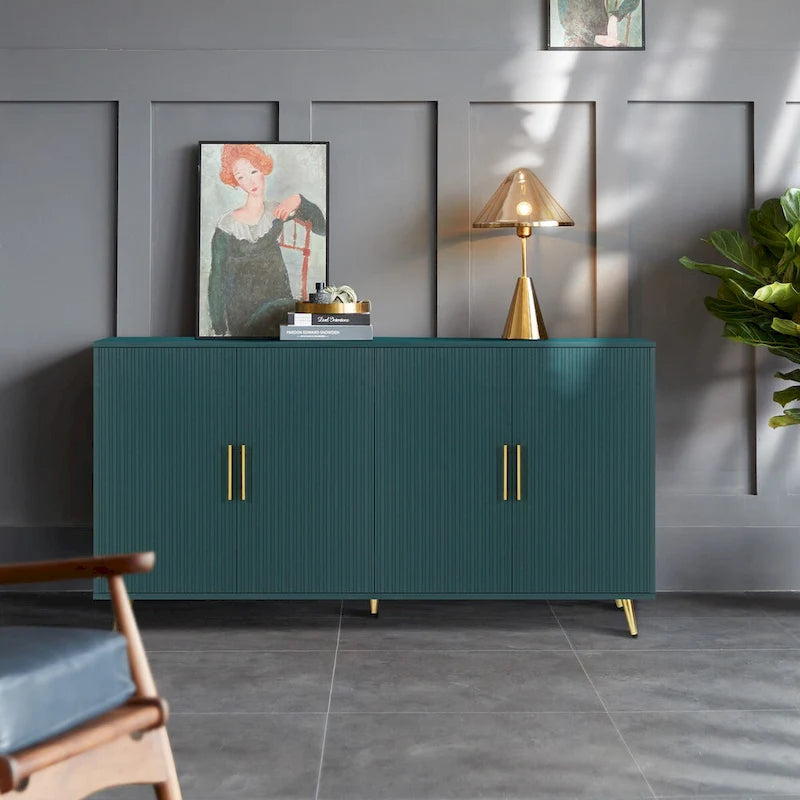 Meuble TV en bois avec armoire de rangement et étagères réglables, Console TV multimédia pour salon ou chambre (VERT)