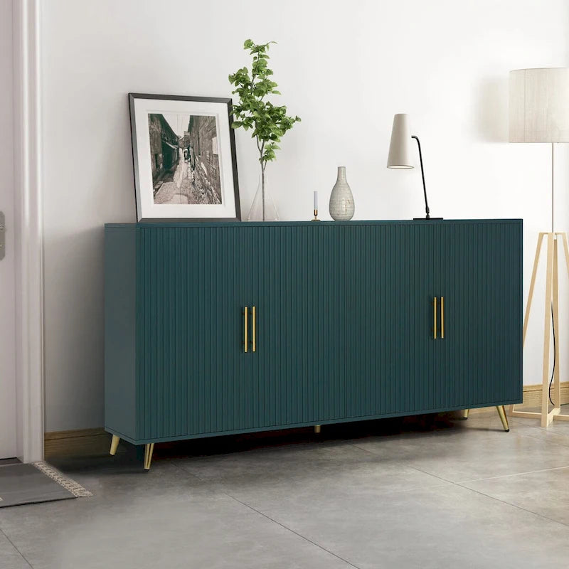Meuble TV en bois avec armoire de rangement et étagères réglables, Console TV multimédia pour salon ou chambre (VERT)