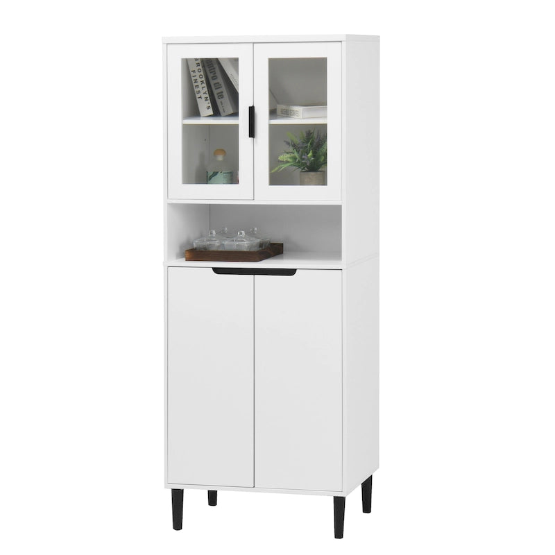 Haut meuble de rangement vitré avec 2 portes vitrées et 2 portes, buffet de cuisine haut avec poignées dorées