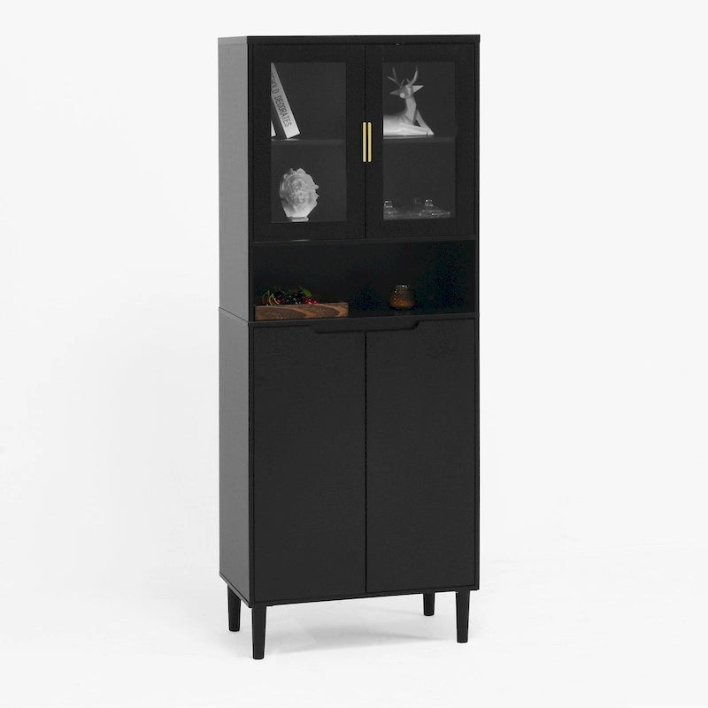 Tall Storage Show Cabinet with 2 Glass Display Door & 2 Doors, Tall Kitchen Pantry Cabinet with Gold Handles