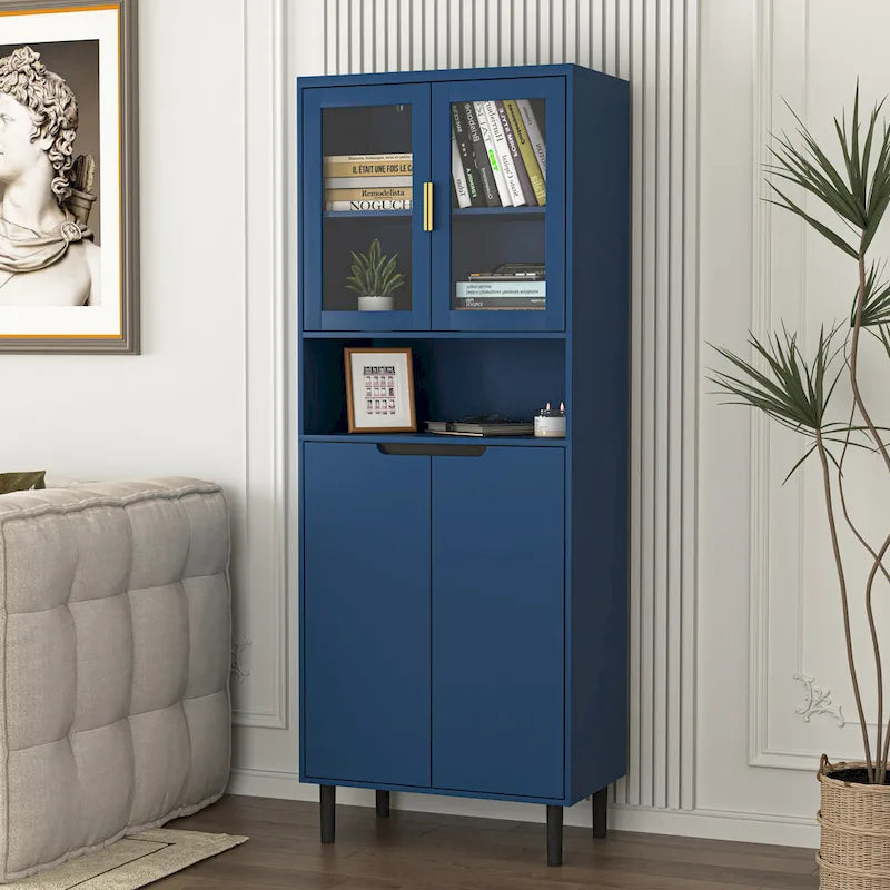 Tall Storage Show Cabinet with 2 Glass Display Door & 2 Doors, Tall Kitchen Pantry Cabinet with Gold Handles
