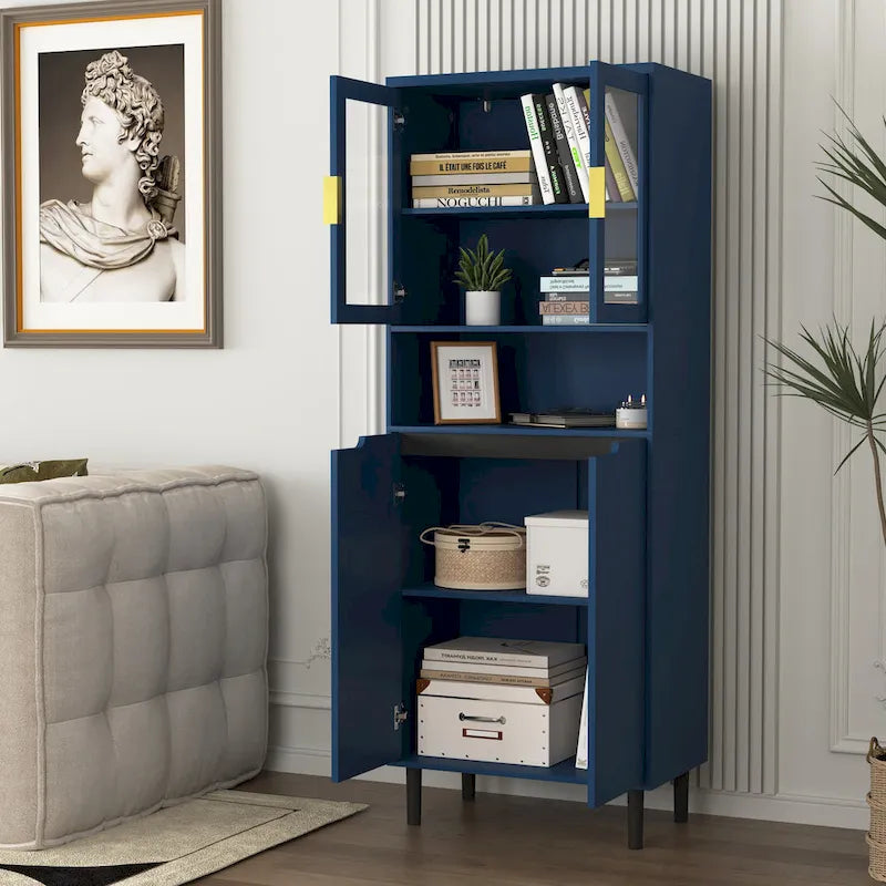 Tall Storage Show Cabinet with 2 Glass Display Door & 2 Doors, Tall Kitchen Pantry Cabinet with Gold Handles