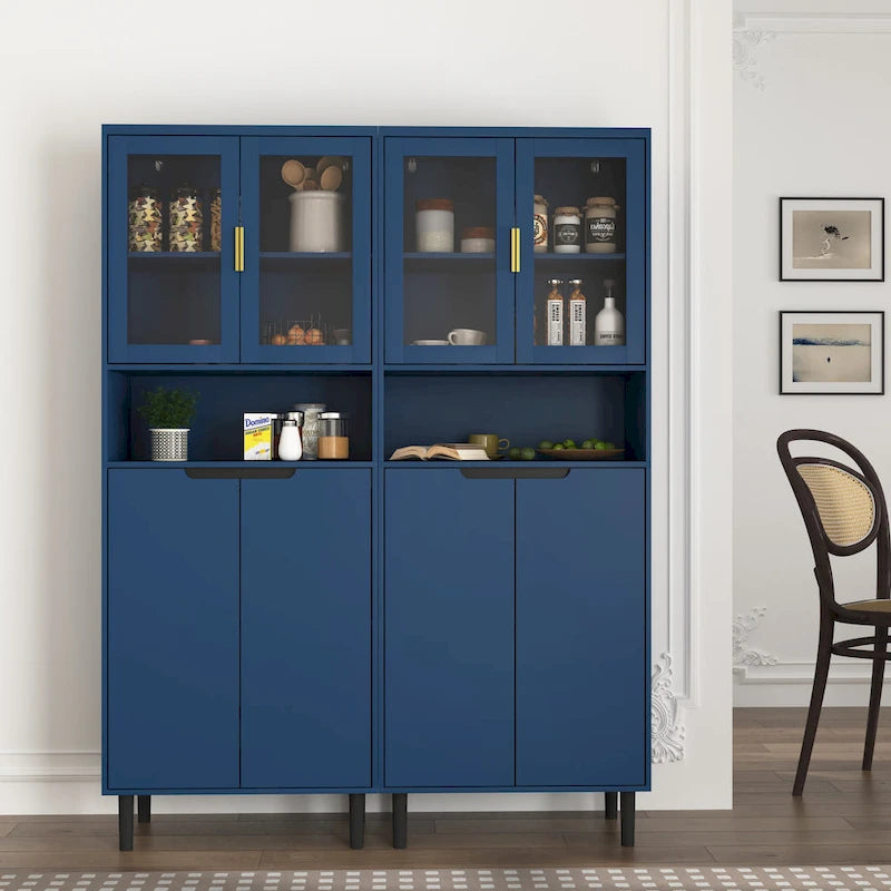 Tall Storage Show Cabinet with 2 Glass Display Door & 2 Doors, Tall Kitchen Pantry Cabinet with Gold Handles