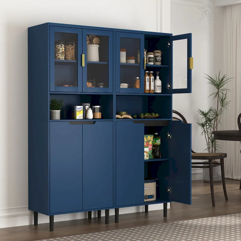 Haut meuble de rangement vitré avec 2 portes vitrées et 2 portes, buffet de cuisine haut avec poignées dorées
