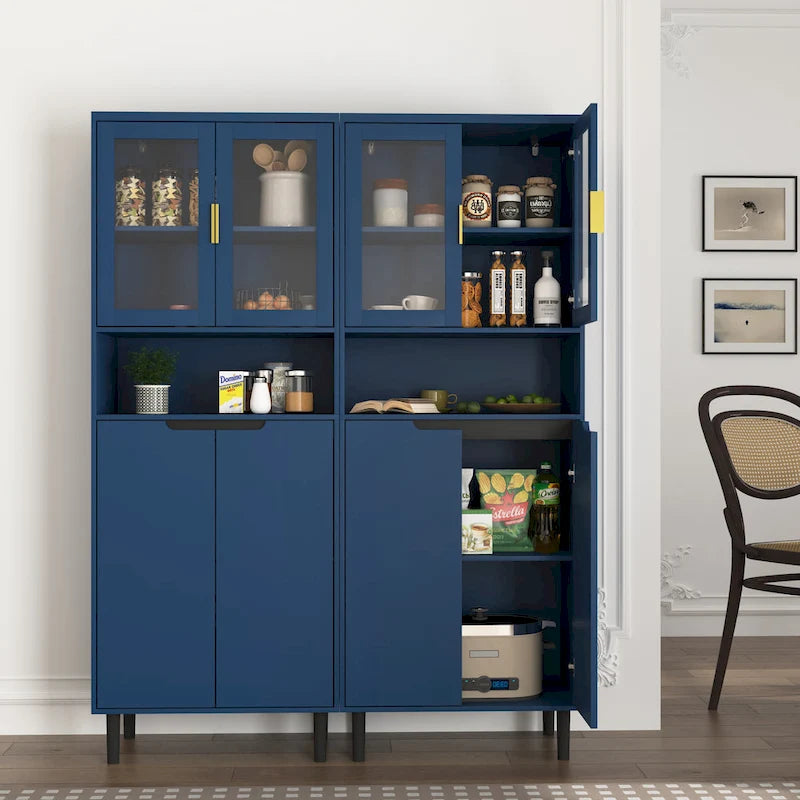 Haut meuble de rangement vitré avec 2 portes vitrées et 2 portes, buffet de cuisine haut avec poignées dorées