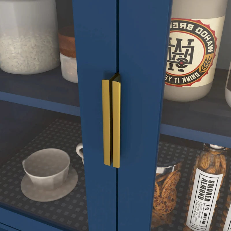 Haut meuble de rangement vitré avec 2 portes vitrées et 2 portes, buffet de cuisine haut avec poignées dorées