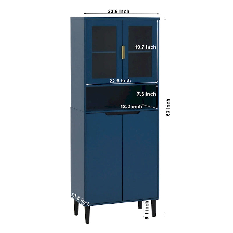 Haut meuble de rangement vitré avec 2 portes vitrées et 2 portes, buffet de cuisine haut avec poignées dorées