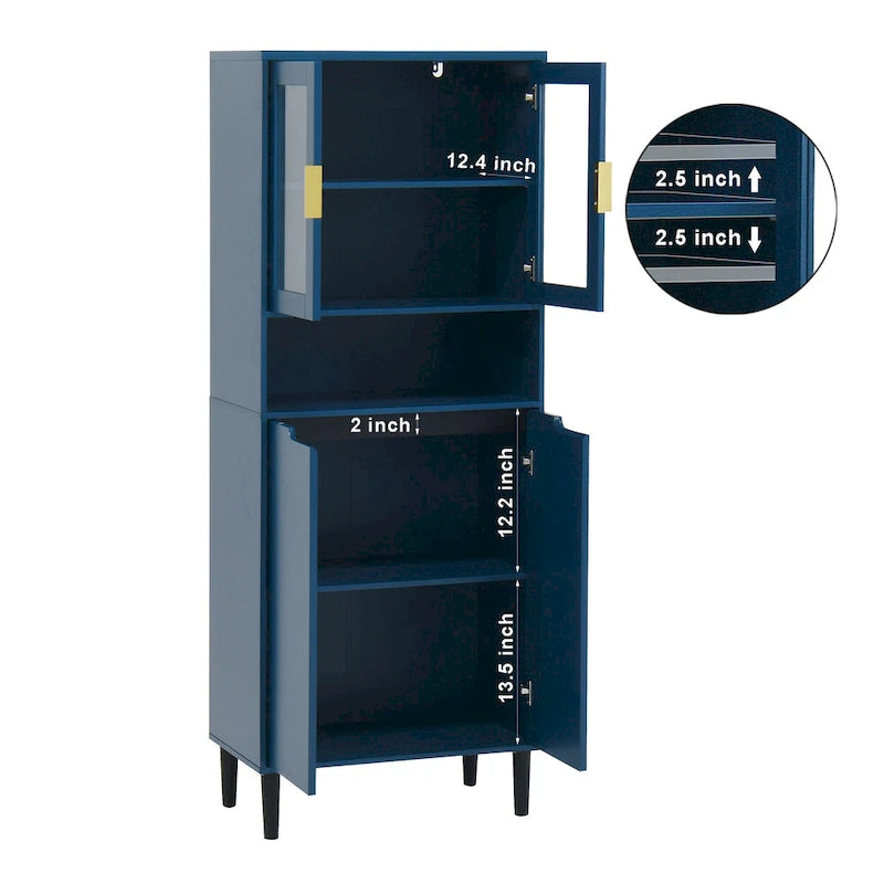 Haut meuble de rangement vitré avec 2 portes vitrées et 2 portes, buffet de cuisine haut avec poignées dorées