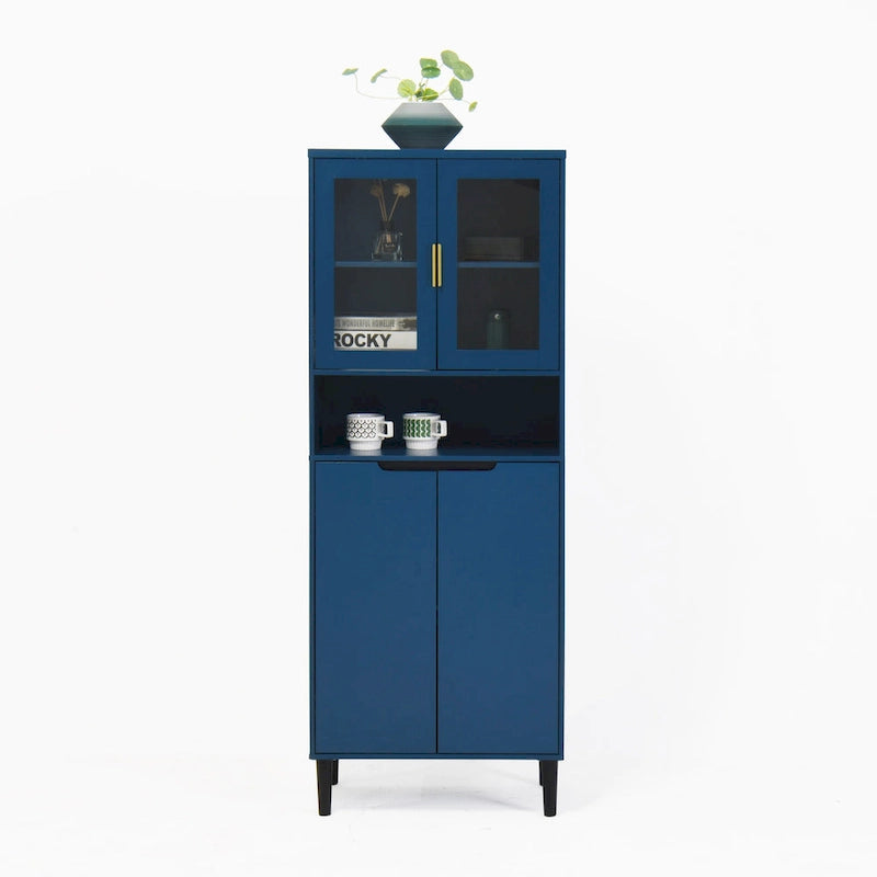 Haut meuble de rangement vitré avec 2 portes vitrées et 2 portes, buffet de cuisine haut avec poignées dorées