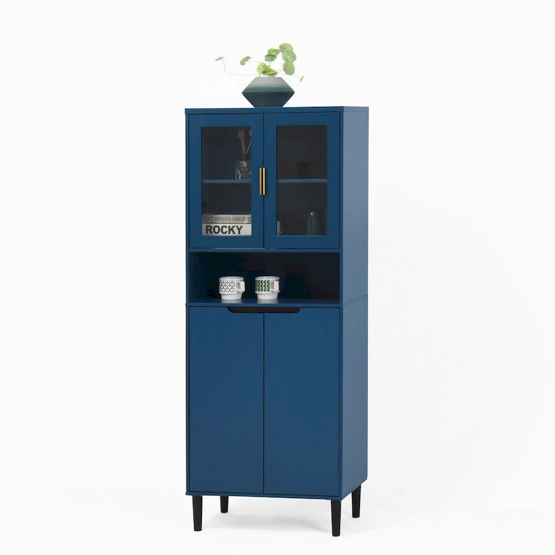 Haut meuble de rangement vitré avec 2 portes vitrées et 2 portes, buffet de cuisine haut avec poignées dorées