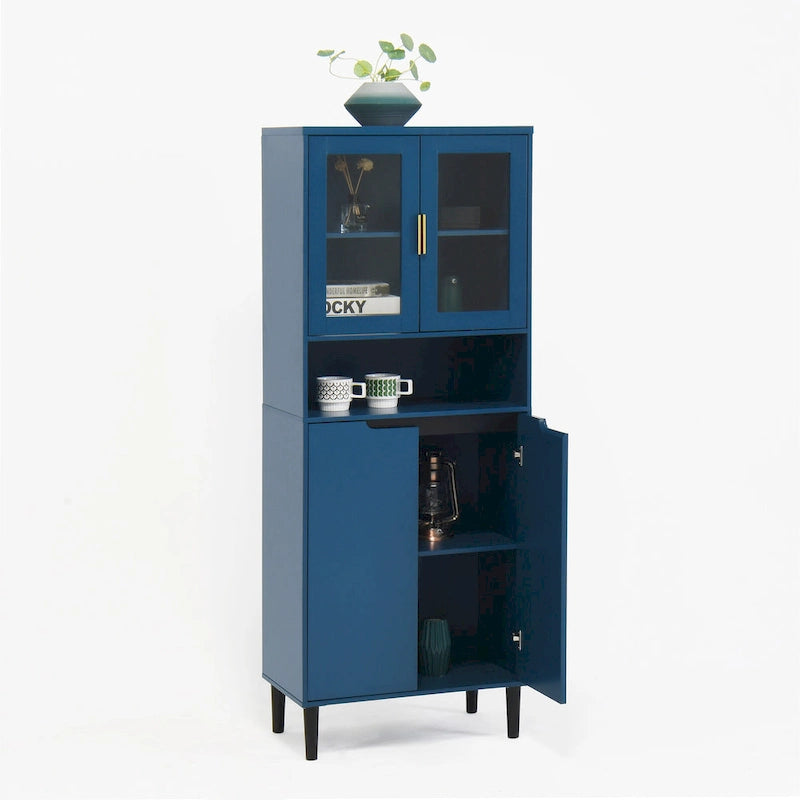 Haut meuble de rangement vitré avec 2 portes vitrées et 2 portes, buffet de cuisine haut avec poignées dorées