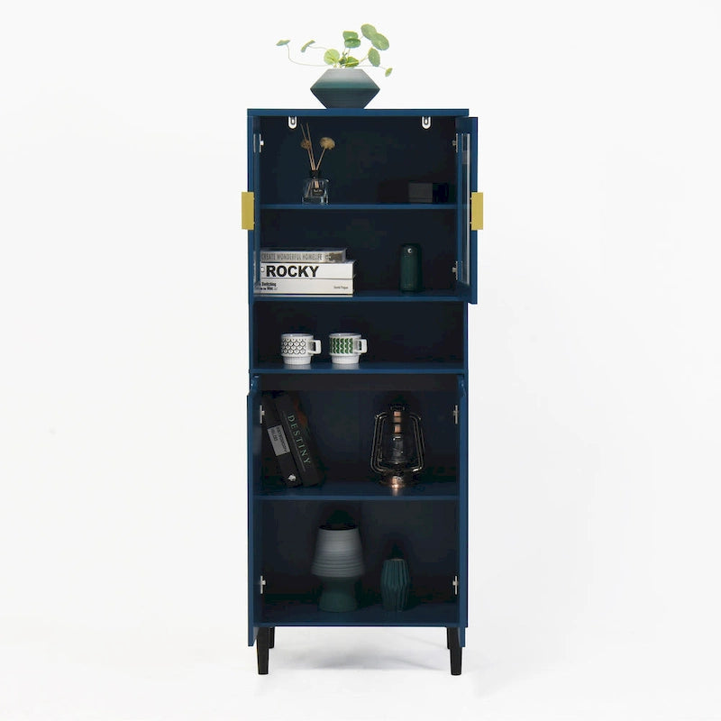 Haut meuble de rangement vitré avec 2 portes vitrées et 2 portes, buffet de cuisine haut avec poignées dorées