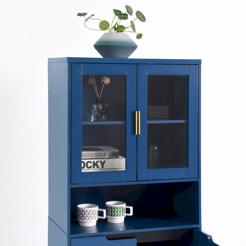 Haut meuble de rangement vitré avec 2 portes vitrées et 2 portes, buffet de cuisine haut avec poignées dorées
