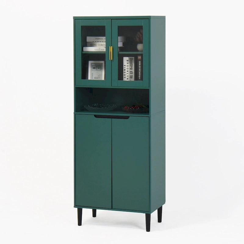 Haut meuble de rangement vitré avec 2 portes vitrées et 2 portes, buffet de cuisine haut avec poignées dorées