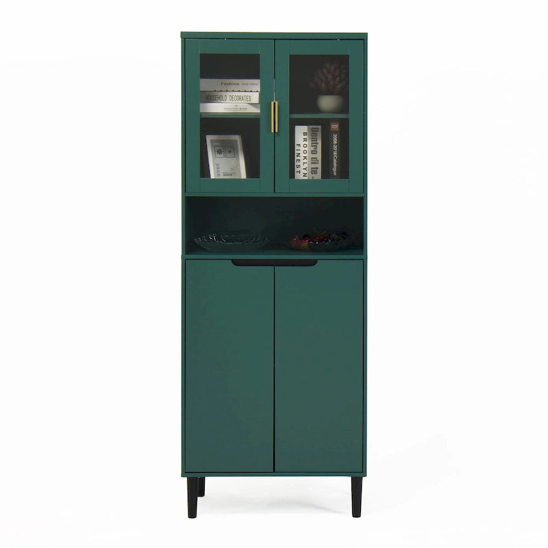 Haut meuble de rangement vitré avec 2 portes vitrées et 2 portes, buffet de cuisine haut avec poignées dorées