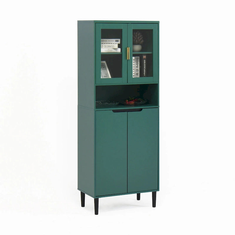 Haut meuble de rangement vitré avec 2 portes vitrées et 2 portes, buffet de cuisine haut avec poignées dorées