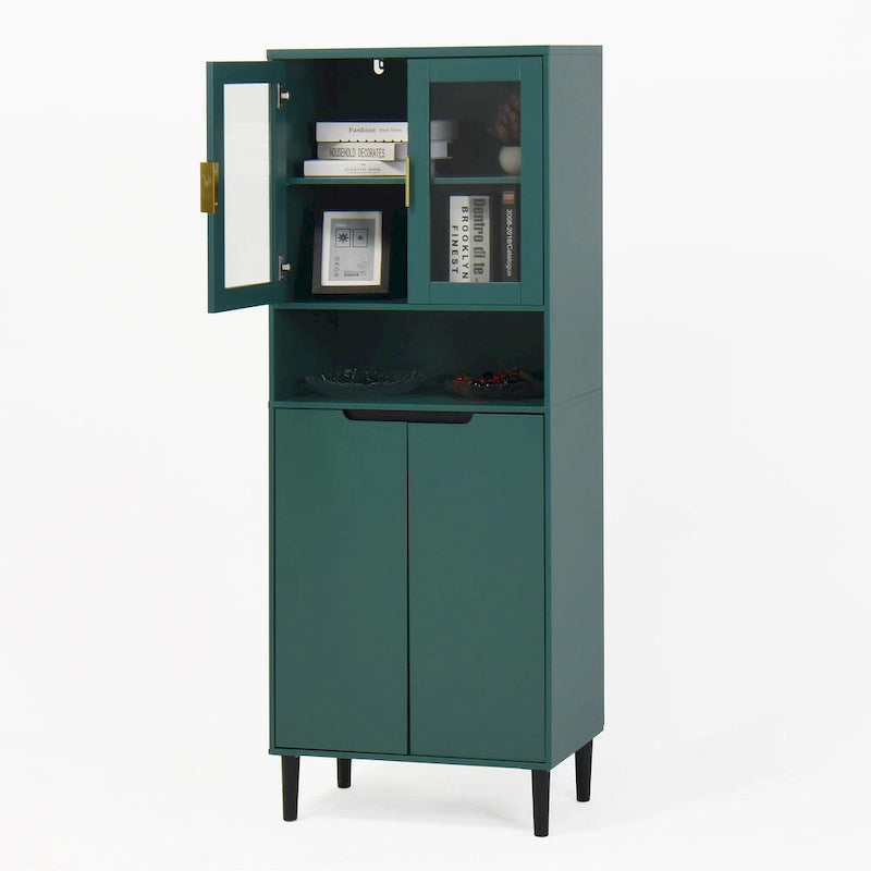 Haut meuble de rangement vitré avec 2 portes vitrées et 2 portes, buffet de cuisine haut avec poignées dorées