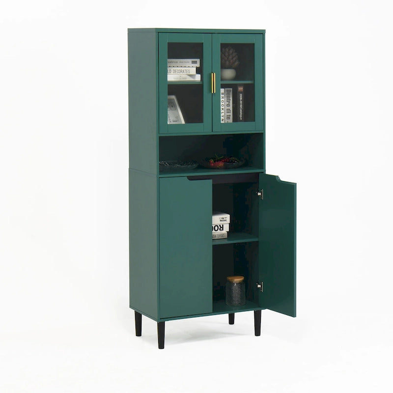 Haut meuble de rangement vitré avec 2 portes vitrées et 2 portes, buffet de cuisine haut avec poignées dorées