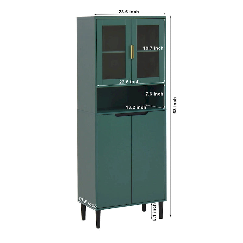 Haut meuble de rangement vitré avec 2 portes vitrées et 2 portes, buffet de cuisine haut avec poignées dorées