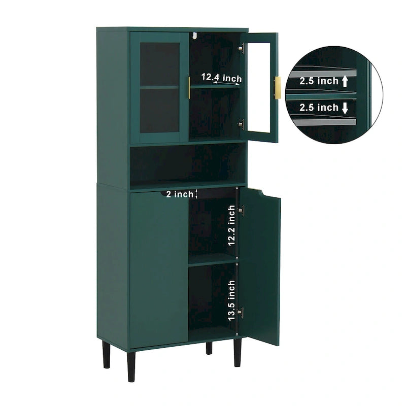 Haut meuble de rangement vitré avec 2 portes vitrées et 2 portes, buffet de cuisine haut avec poignées dorées