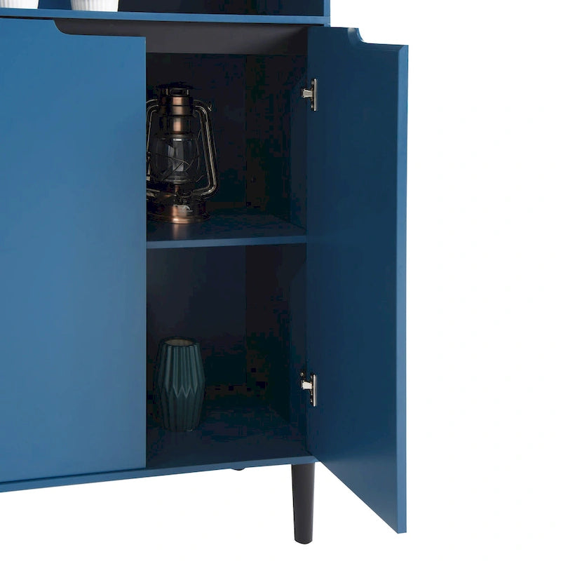 Haut meuble de rangement vitré avec 2 portes vitrées et 2 portes, buffet de cuisine haut avec poignées dorées