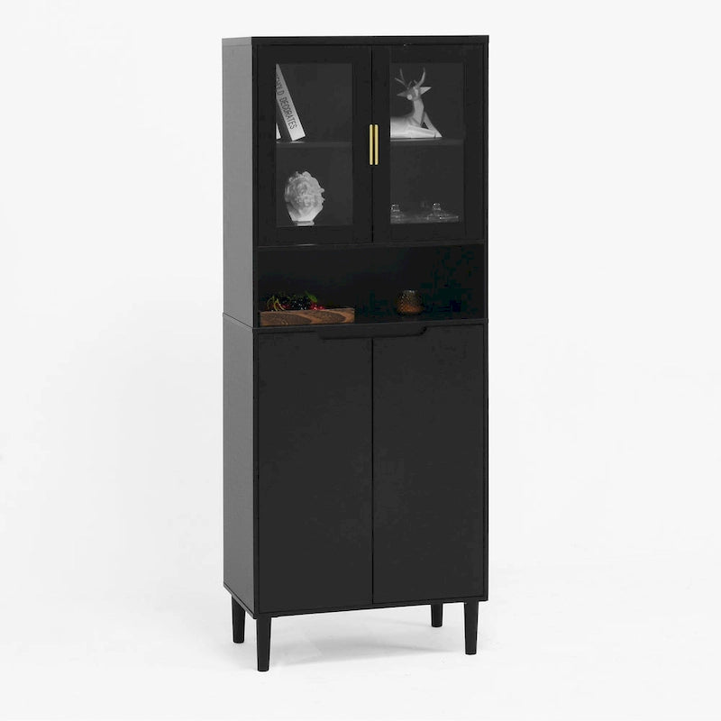 Haut meuble de rangement vitré avec 2 portes vitrées et 2 portes, buffet de cuisine haut avec poignées dorées