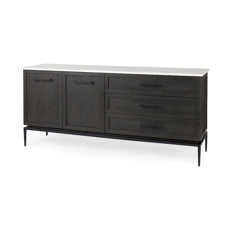 Divina Dark Brown Wood w/ White Marble Top and Black Metal Base Sideboard - 71.0L x 18.5W x 32.0H