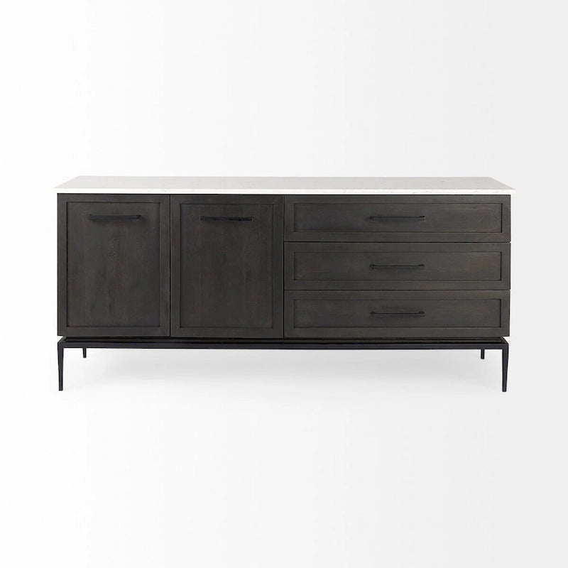 Divina Dark Brown Wood w/ White Marble Top and Black Metal Base Sideboard - 71.0L x 18.5W x 32.0H