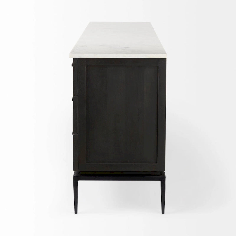 Divina Dark Brown Wood w/ White Marble Top and Black Metal Base Sideboard - 71.0L x 18.5W x 32.0H