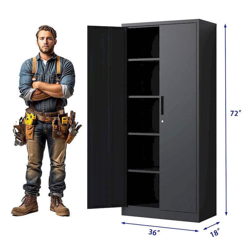 72H Metal Garage Storage Cabinet, Black Tool Steel Locking Cabinet with Doors and 4 Shelves