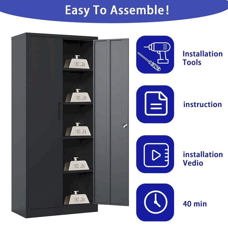 72H Metal Garage Storage Cabinet, Black Tool Steel Locking Cabinet with Doors and 4 Shelves