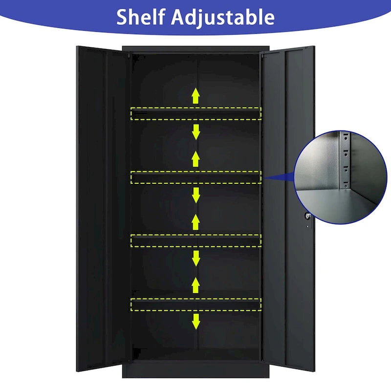 72H Metal Garage Storage Cabinet, Black Tool Steel Locking Cabinet with Doors and 4 Shelves