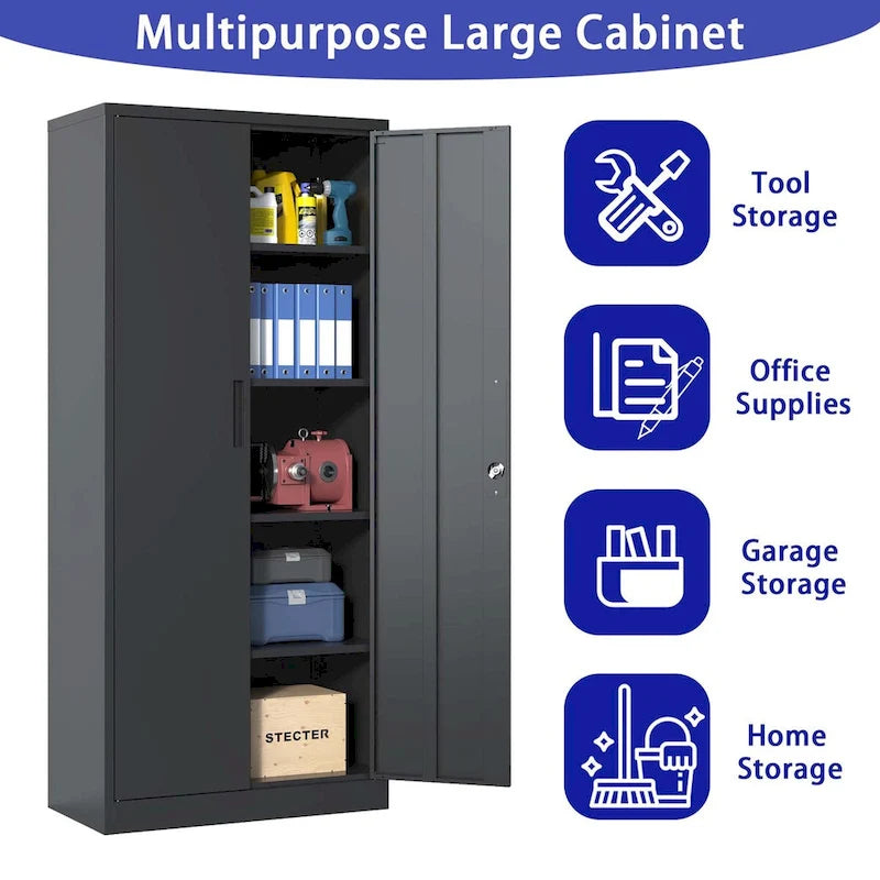 72H Metal Garage Storage Cabinet, Black Tool Steel Locking Cabinet with Doors and 4 Shelves