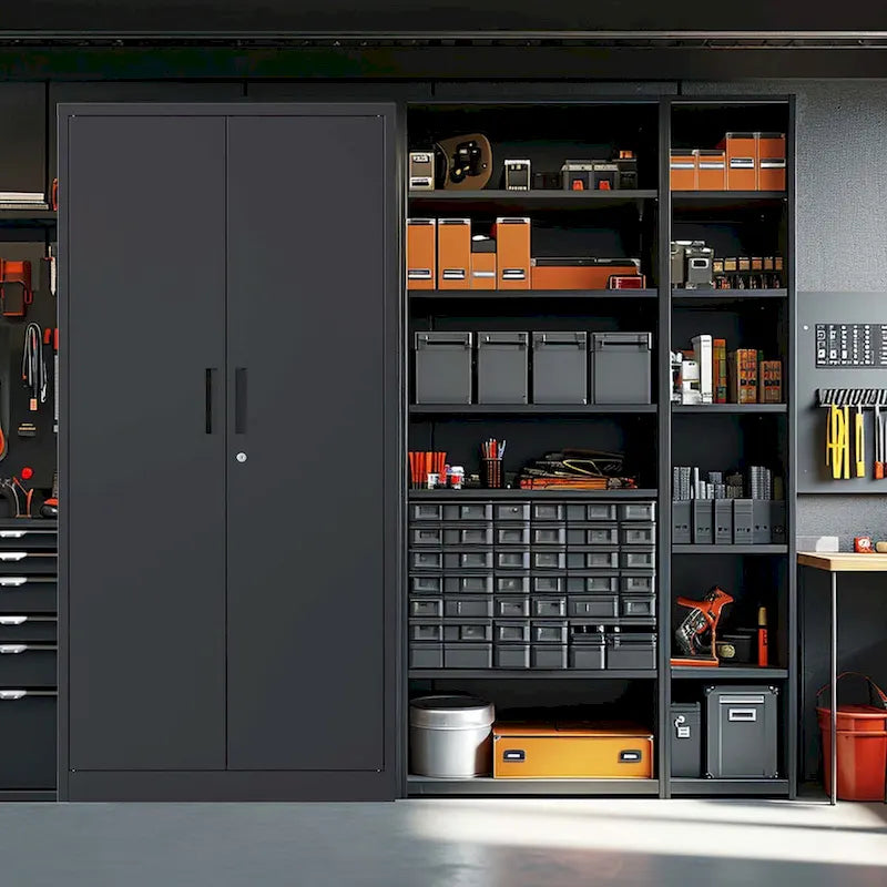72H Metal Garage Storage Cabinet, Black Tool Steel Locking Cabinet with Doors and 4 Shelves