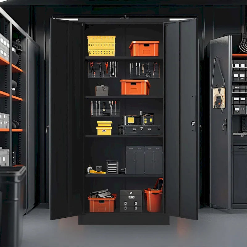 72H Metal Garage Storage Cabinet, Black Tool Steel Locking Cabinet with Doors and 4 Shelves