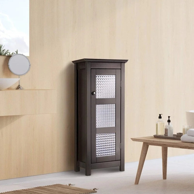 Home Wooden Bathroom Cabinet Floor & Glass Door Brown - 13D x 13.5W x 30.5H